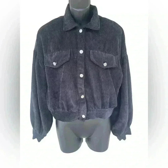 SHEIN women’s corduroy black cropped jacket puffy sleeve patched pockets sz S - Picture 3 of 8